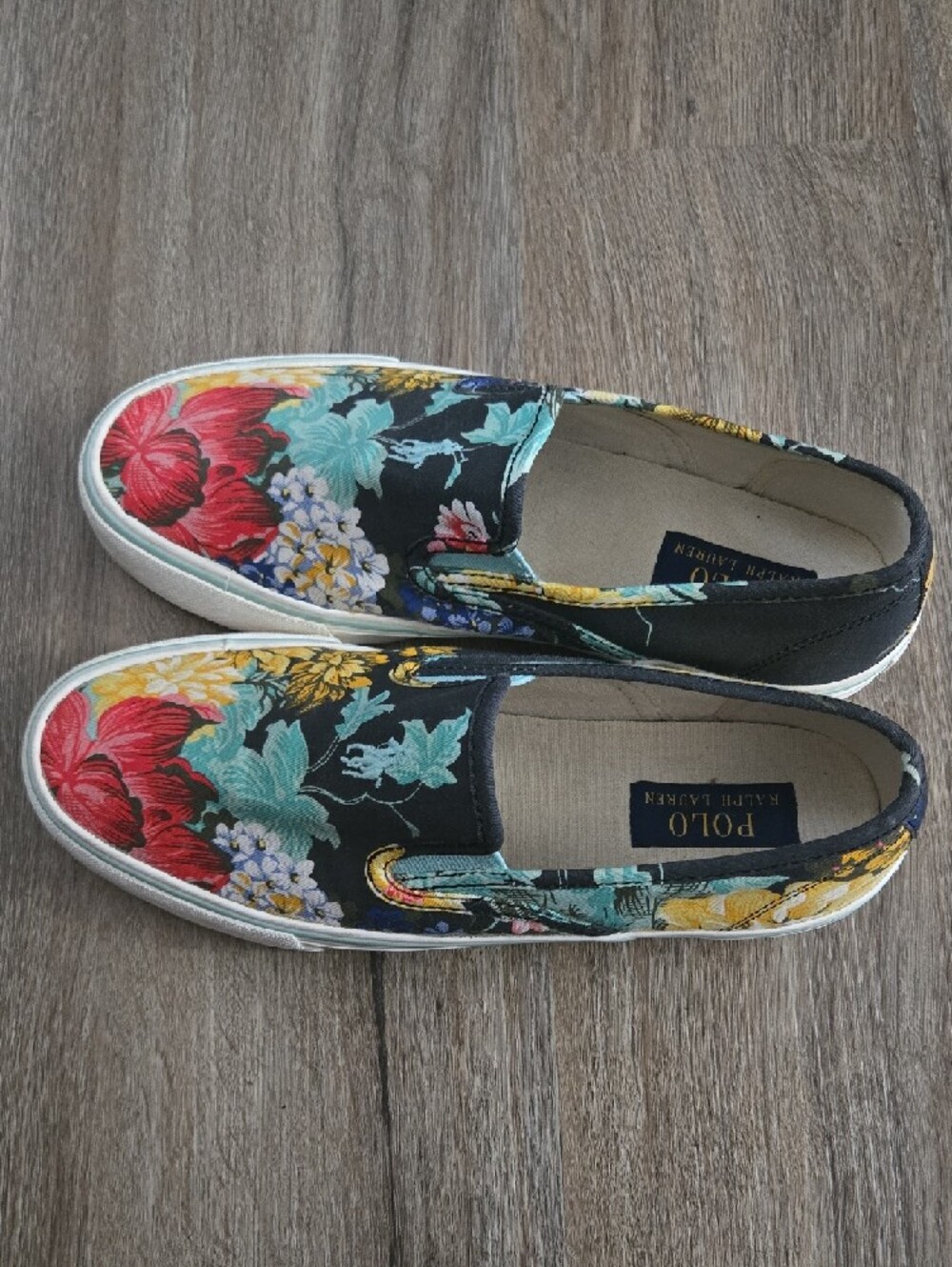 Polo by Ralph Lauren Black Floral Slip-On Sneakers with Red & Teal Accents - Picture 2 of 5
